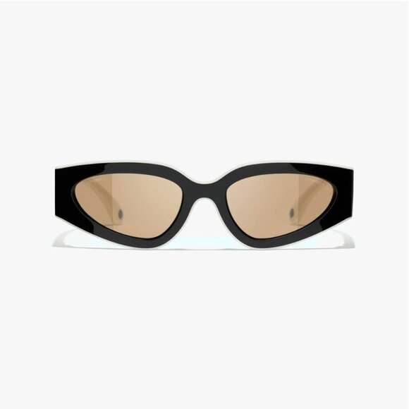 CHANEL Cat Eye Black White Sunglasses Beige Lens $530 Like New - Picture 3 of 12